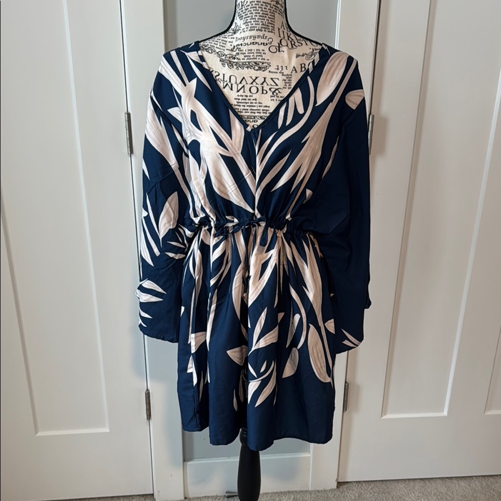 Blue and Cream Long Sleeve Wrap Sundress